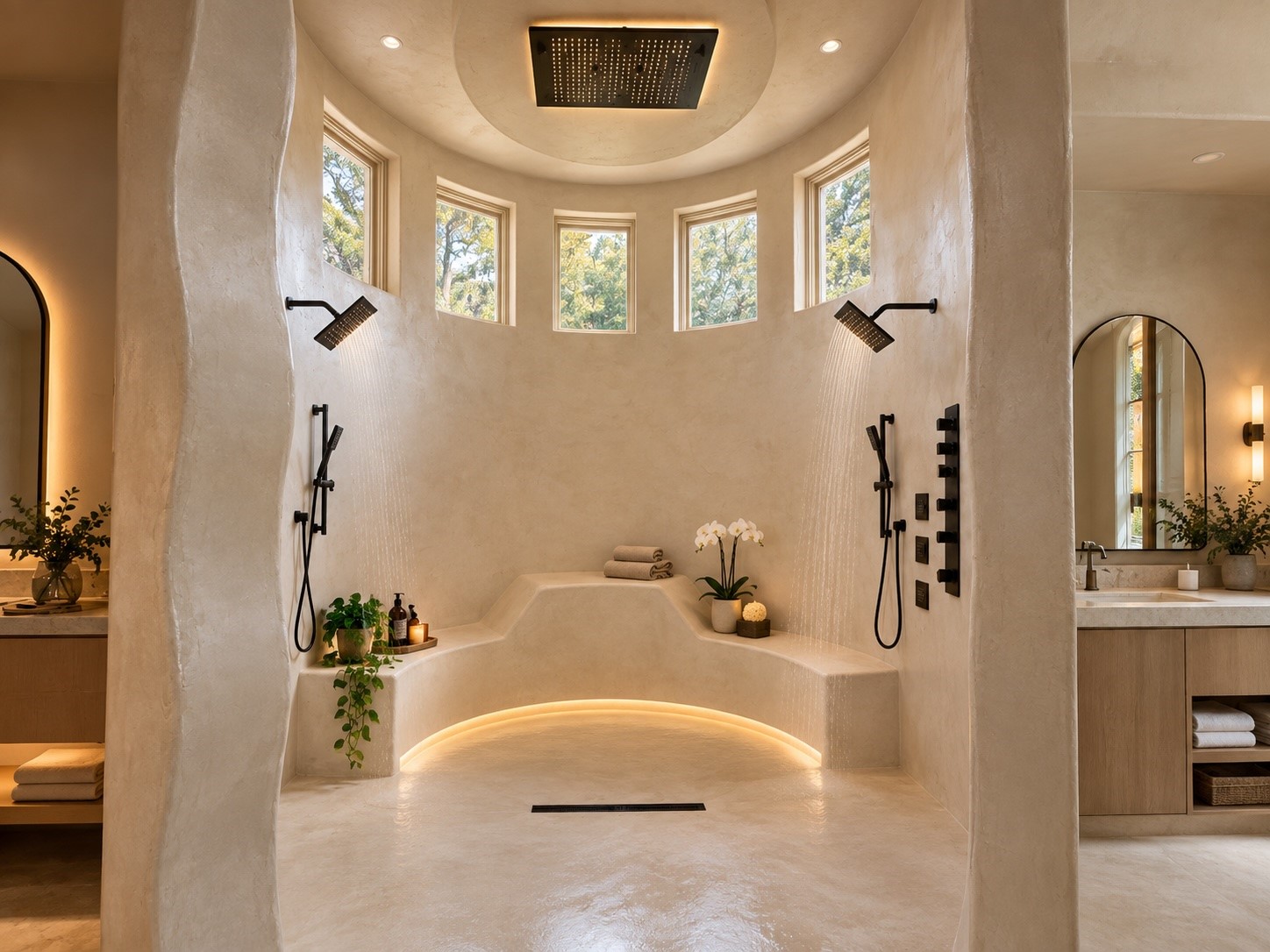 A distinctive curved bathing alcove with softly illuminated architectural detailing adds a unique spa-inspired element to the primary suite's exceptional collection of amenities.