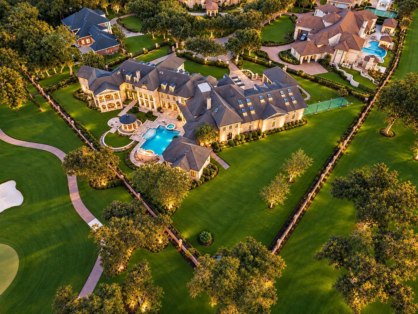 An extraordinary aerial perspective reveals the scale of this approximately 2.04-acre luxury estate, featuring expansive grounds, resort-inspired outdoor living, a magnificent pool, and an exceptional golf course setting.