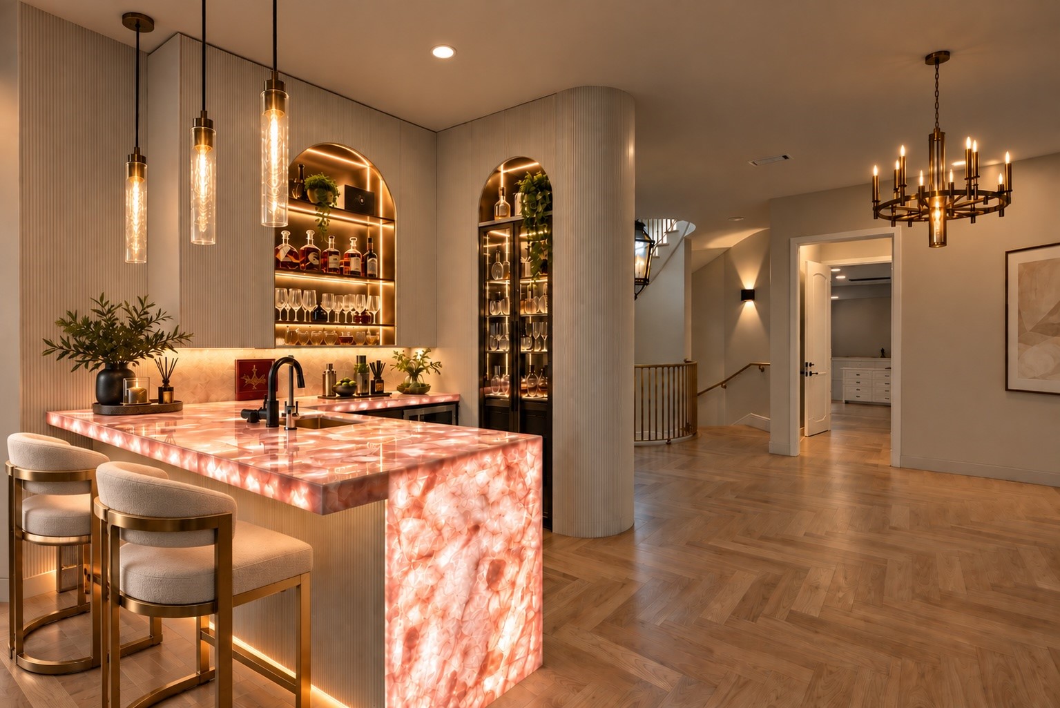 An elegant entertaining bar features illuminated display shelving, warm architectural finishes, and generous counter seating, providing a sophisticated destination for hosting and gathering.
