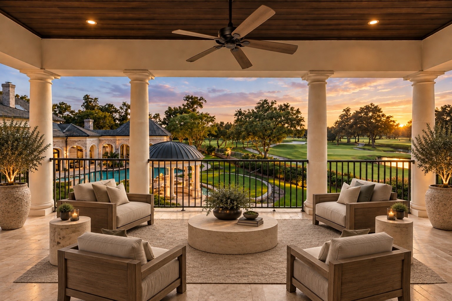 An exceptional covered outdoor terrace offers comfortable seating, architectural ceiling details, and tranquil views of the landscaped grounds, creating a seamless connection between indoor and outdoor living.