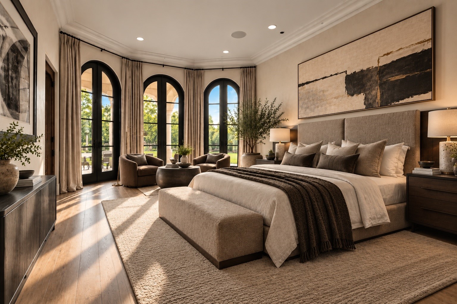 An expansive primary retreat features a beautiful fireplace wall, refined finishes, elegant proportions, and generous natural light, providing an exceptional private sanctuary on the main level.