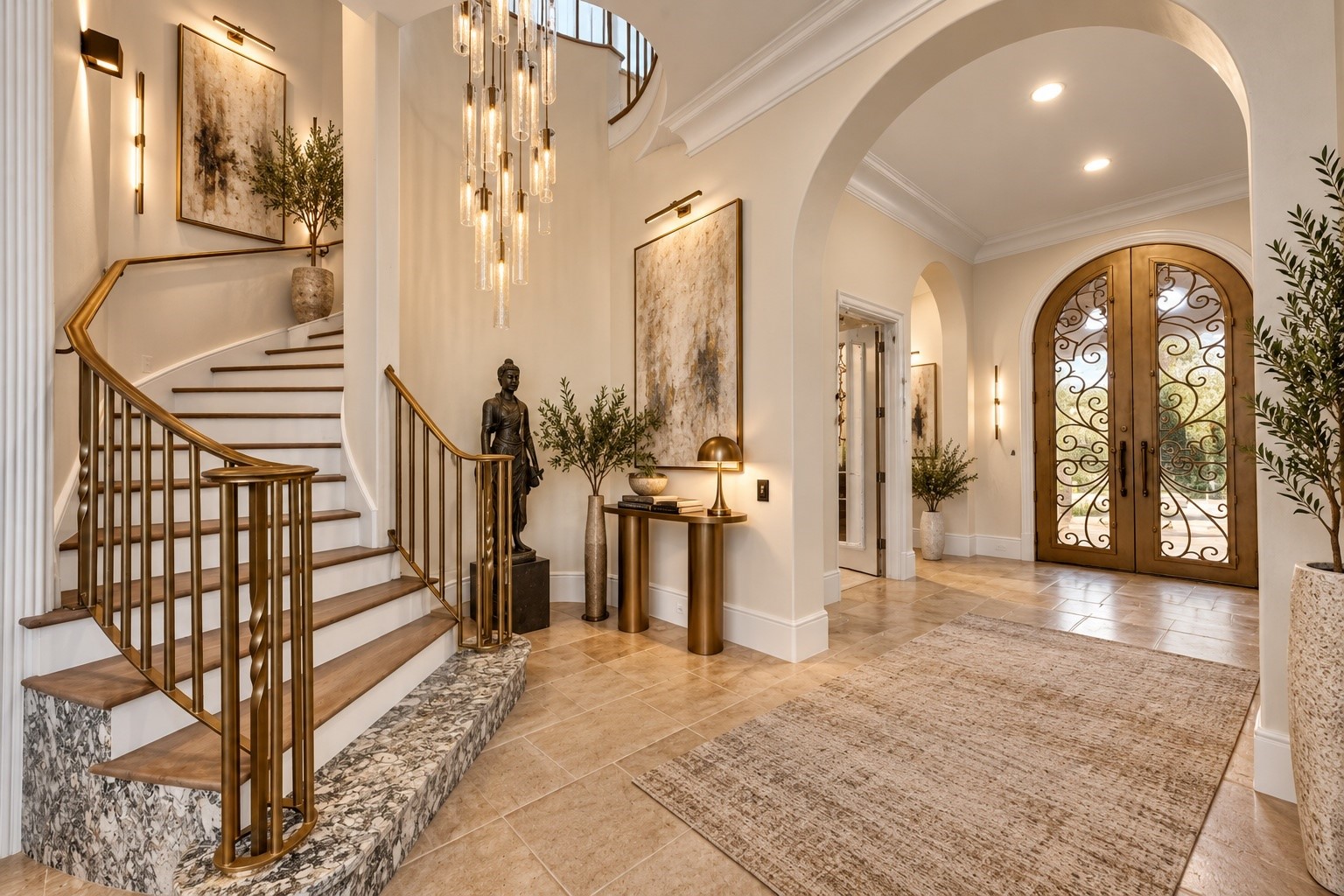 An elegant staircase framed by decorative ironwork, stone flooring, arched openings, and natural light showcases the impressive craftsmanship and architectural continuity throughout the estate.