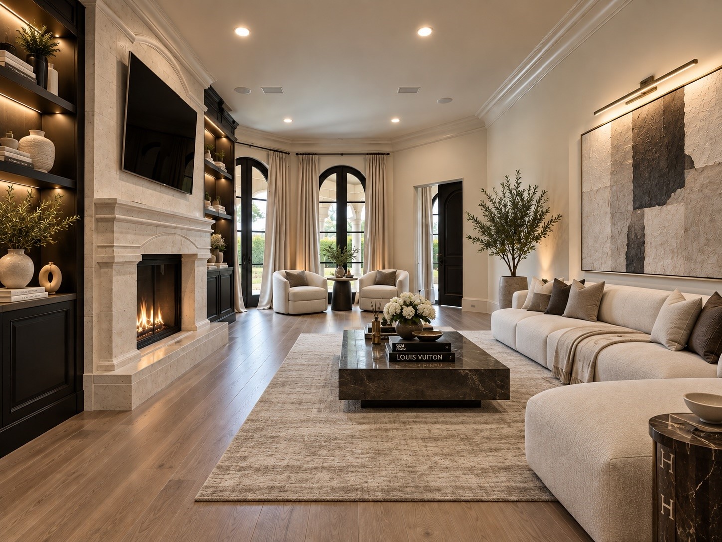 A sophisticated primary retreat living room brings together a substantial fireplace, soft neutral interiors, architectural columns, and generously proportioned seating areas, creating an inviting environment for relaxation and conversation.
