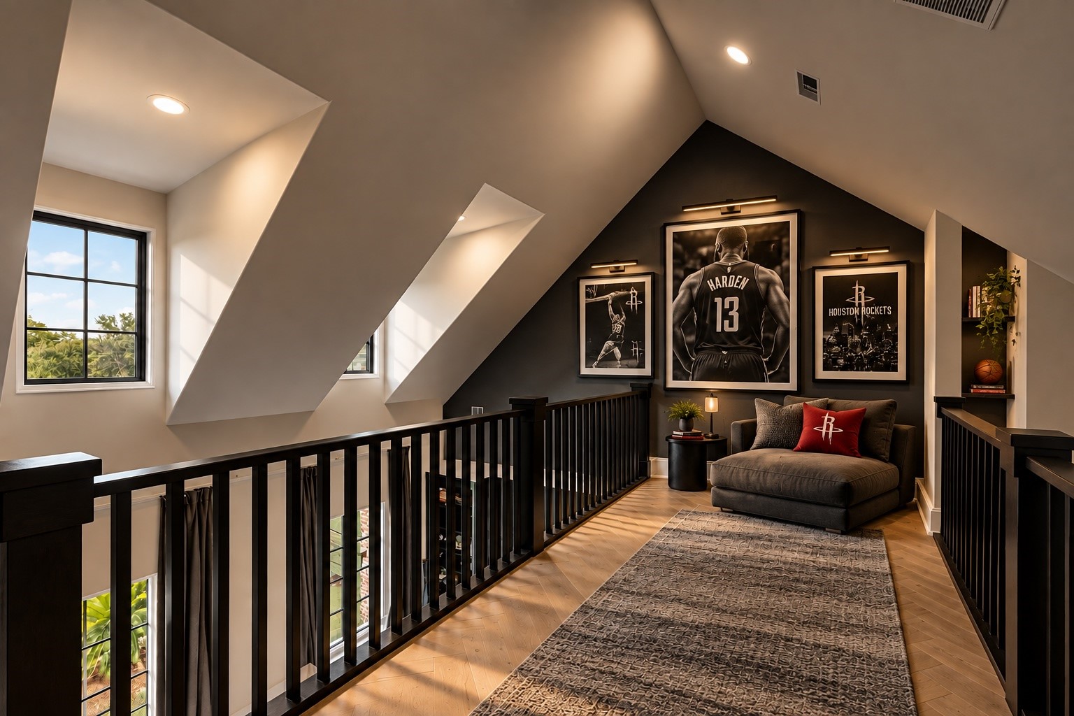 A spacious upper-level retreat offers a comfortable seating area, warm finishes, and an inviting atmosphere for relaxation, reading, or additional family entertainment.