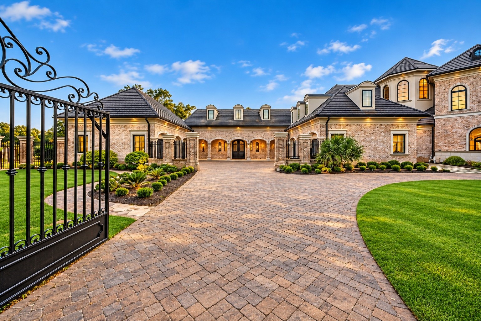A sweeping gated approach leads into the expansive motor court, surrounded by beautifully coordinated architecture and meticulously maintained grounds, creating an arrival experience worthy of this exceptional private estate.