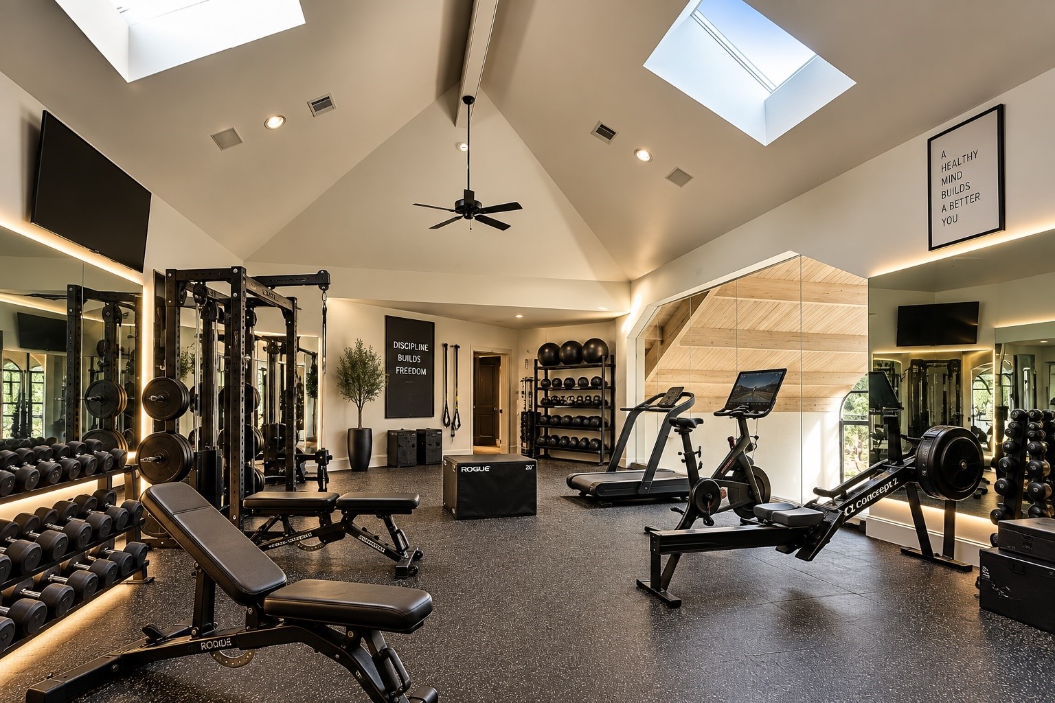 A dedicated fitness center features expansive exercise space, training equipment, high ceilings, and an exceptional setting for maintaining an active lifestyle without leaving the estate.