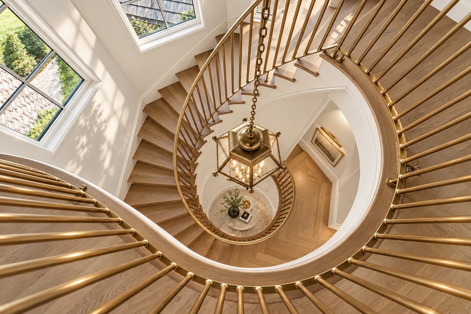 A captivating overhead perspective highlights the dramatic curvature, intricate iron railing, and sculptural beauty of the residence's grand staircase.