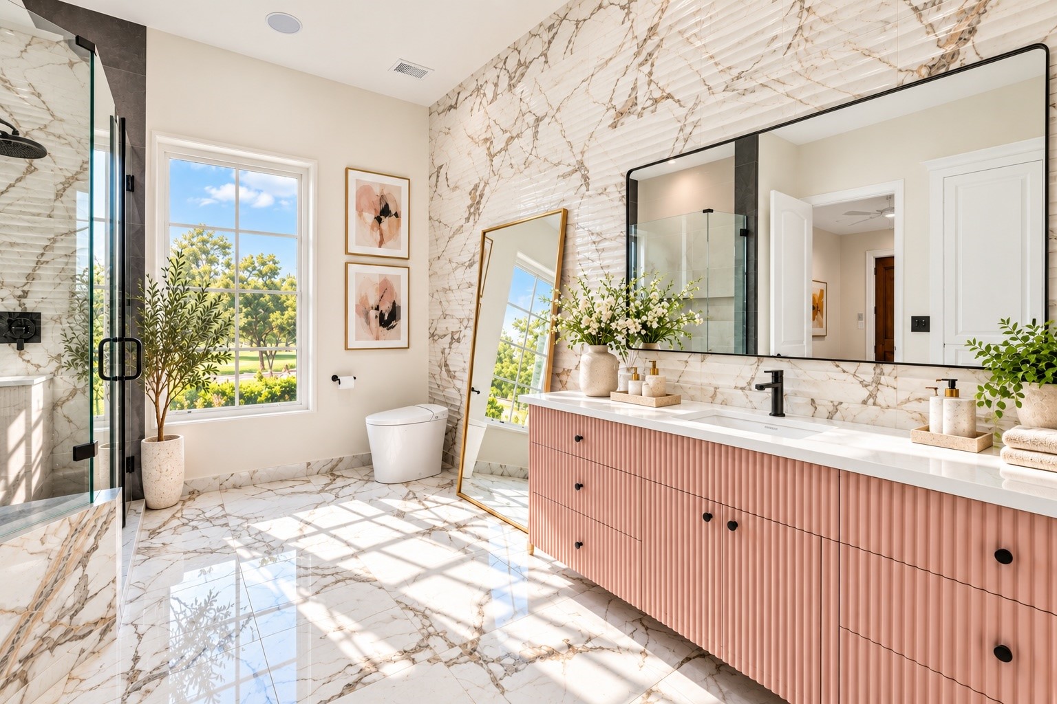 Distinctive natural stone-inspired surfaces, polished fixtures, a generous vanity, and a soft blush-toned cabinetry finish create a beautifully individualized secondary bathroom.