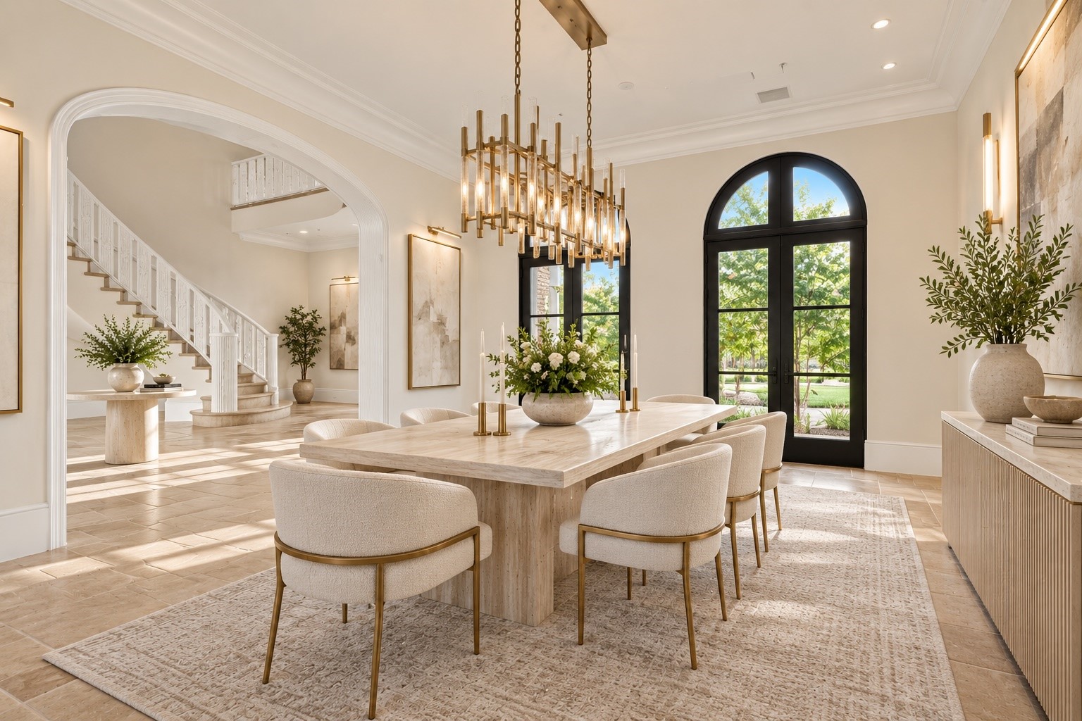 An exquisite formal dining room combines elegant ceiling detailing, architectural columns, a statement chandelier, and sophisticated design, creating an exceptional setting for intimate dinners and memorable celebrations.