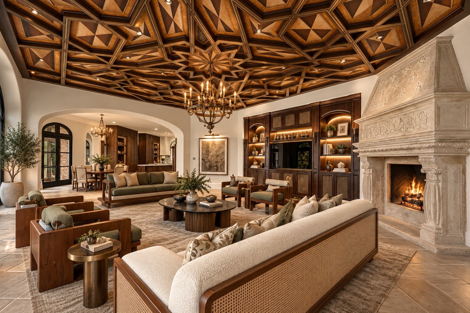 An extraordinary family room features intricate custom ceiling woodwork, a magnificent stone fireplace, and richly layered architectural details, creating one of the estate's most distinctive gathering spaces.