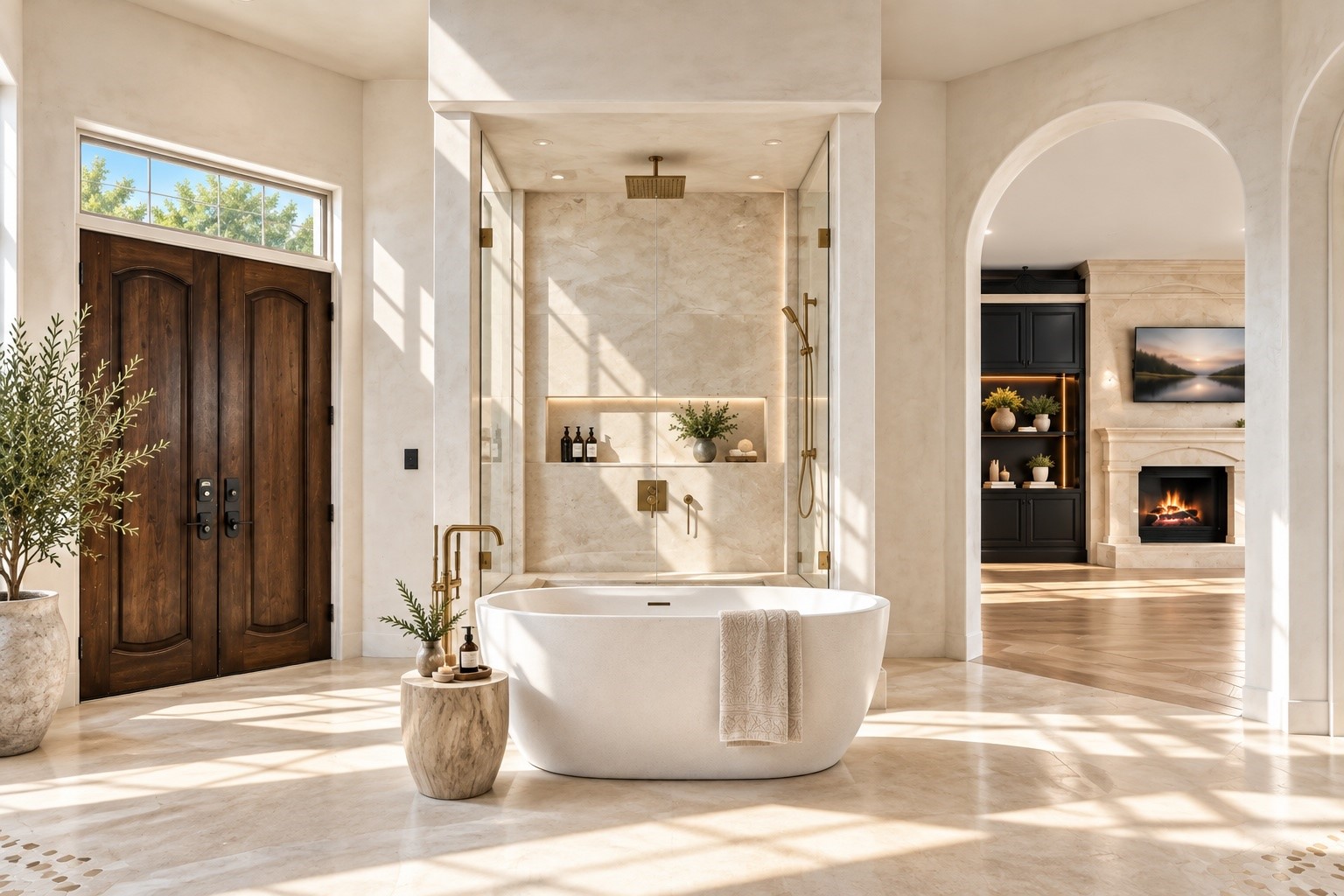 A luxurious primary bathing retreat showcases a freestanding soaking tub, elaborate stone finishes, elegant architectural openings, and an atmosphere designed for comfort, privacy, and relaxation.