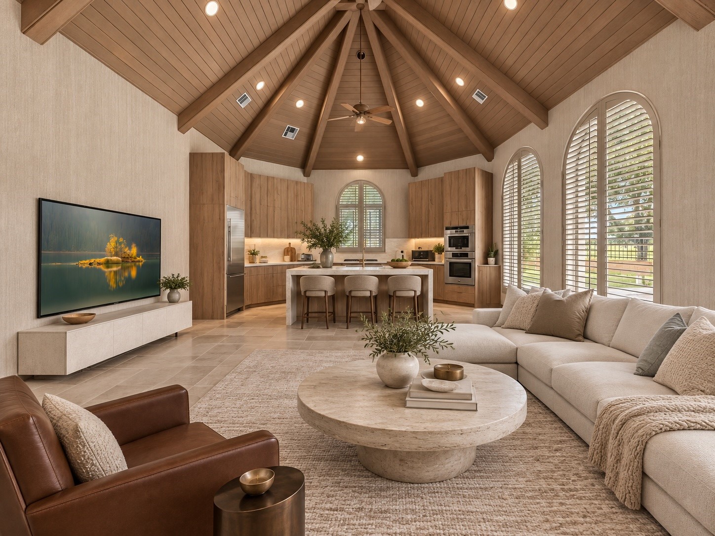 A striking vaulted wood ceiling, generous seating, and beautifully finished interiors define this expansive guest casita , ideal for guests, family members from out of town to relax and unwind.