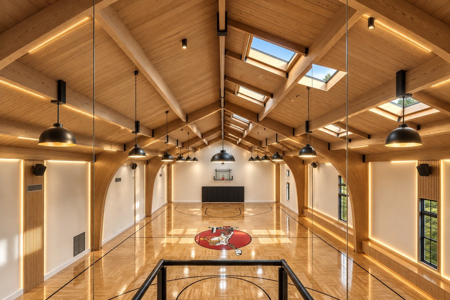 An extraordinary indoor basketball facility features soaring wood ceilings, skylights, custom hard wood court, and elevated viewing areas, creating a distinctive private recreational experience.