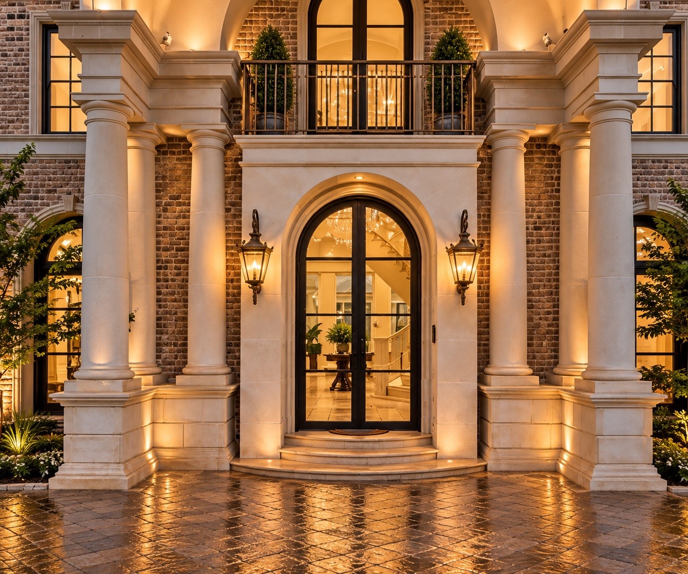 A dramatic architectural entrance framed by substantial stone columns, ornamental iron doors, elegant lighting, and refined European-inspired detailing creates an unforgettable first impression.