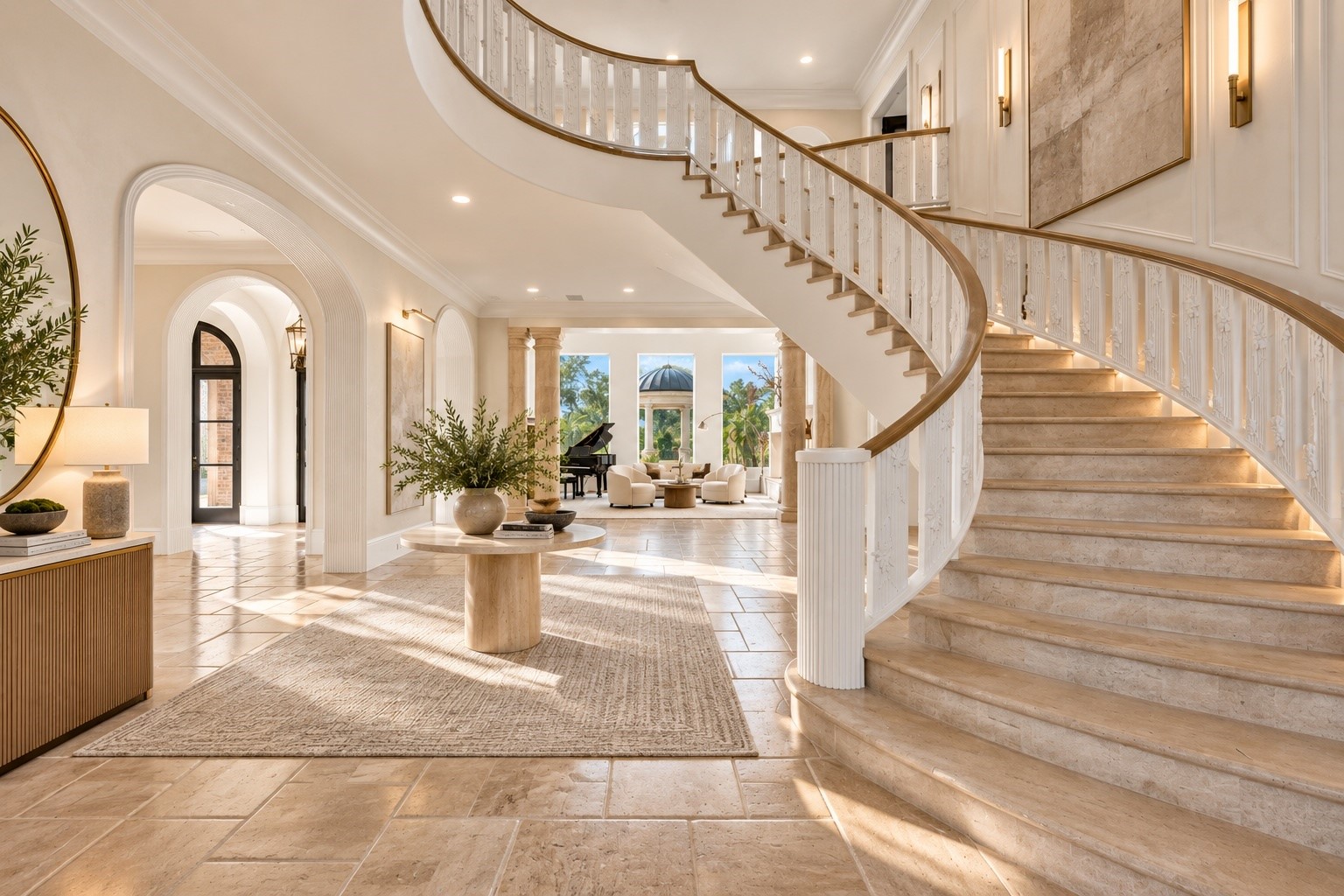 A spectacular entry foyer showcases a gracefully curved staircase, elegant architectural detailing, soaring ceilings, and an abundance of natural light, establishing the refined atmosphere carried throughout the residence.