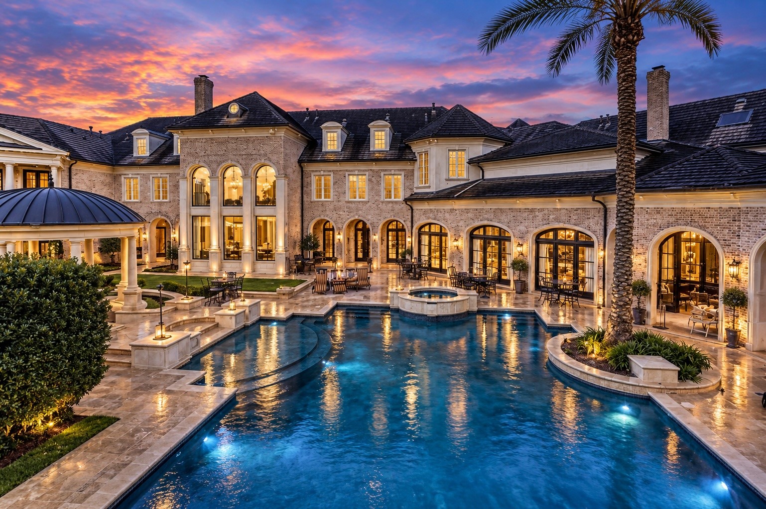 Resort-inspired luxury comes to life at twilight, with an illuminated swimming pool, spa, impressive rear architecture, and multiple outdoor entertaining spaces designed for an extraordinary lifestyle.