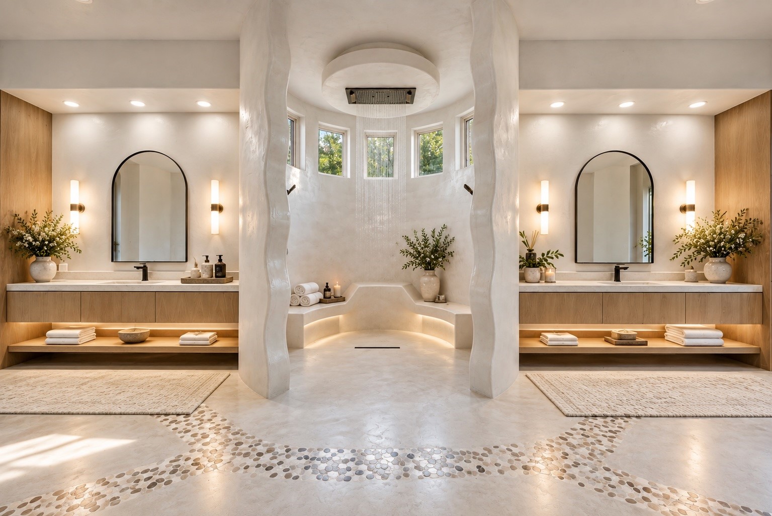 The spa-inspired primary bathroom offers generous proportions, dual vanities, elegant architectural detailing, and refined finishes, creating a beautiful environment for everyday rejuvenation.