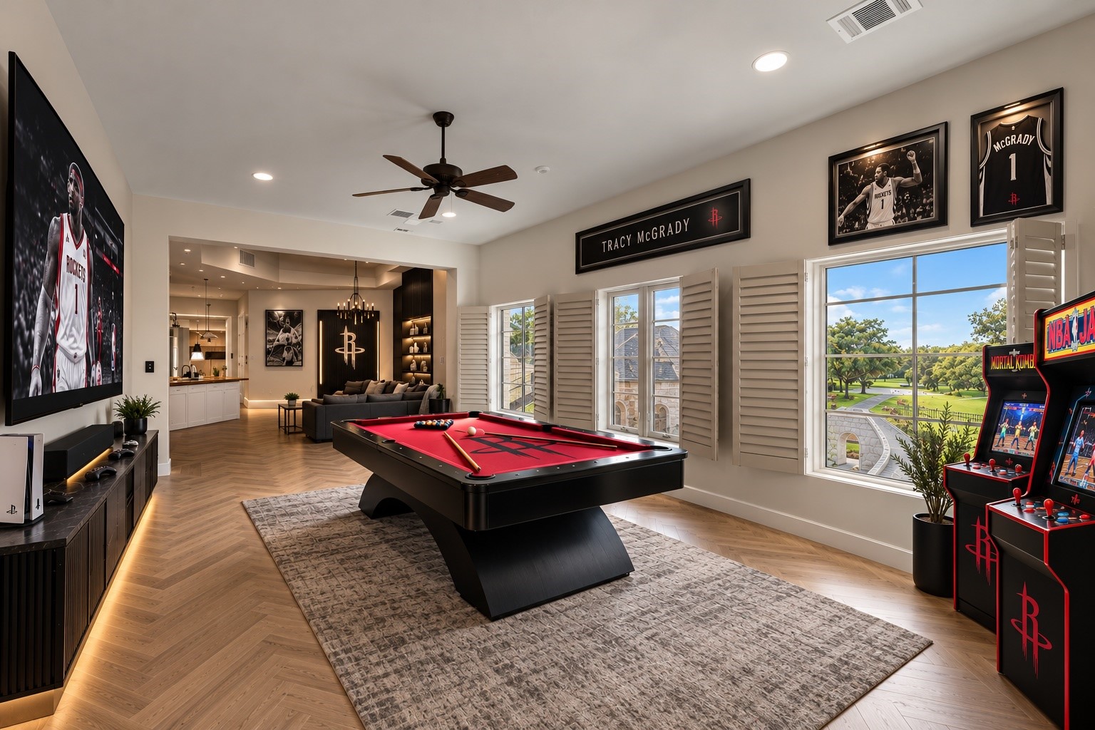 An inviting recreation room features a billiards table, arcade-style entertainment, and comfortable gathering areas, creating a relaxed setting for recreation and memorable evenings at home.