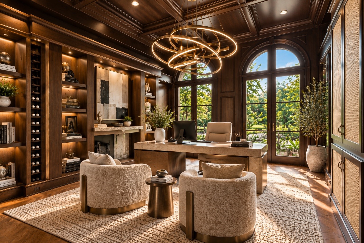 A distinguished private office features rich wood finishes, extensive built-in cabinetry, custom shelving, and an intimate seating area, providing a refined environment for business, reading, and quiet productivity.