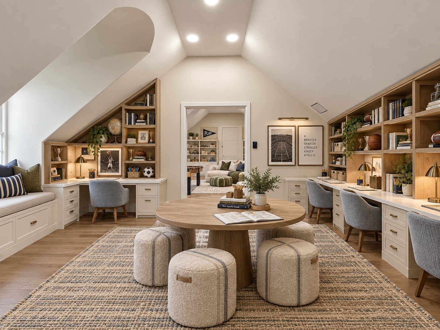 A bright, thoughtfully arranged flex space features built-in shelving, extensive storage, and welcoming activity areas, offering versatility for learning, creative projects, hobbies, or recreation.