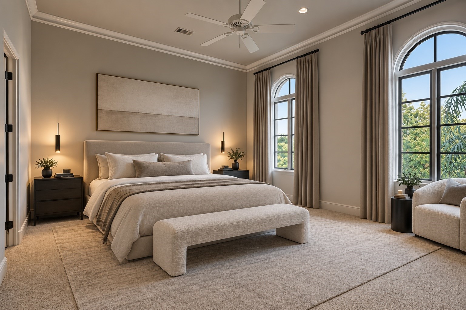 A refined secondary bedroom showcases soft architectural detailing, generous proportions, natural light, and an understated palette, creating a welcoming sanctuary for residents or guests.