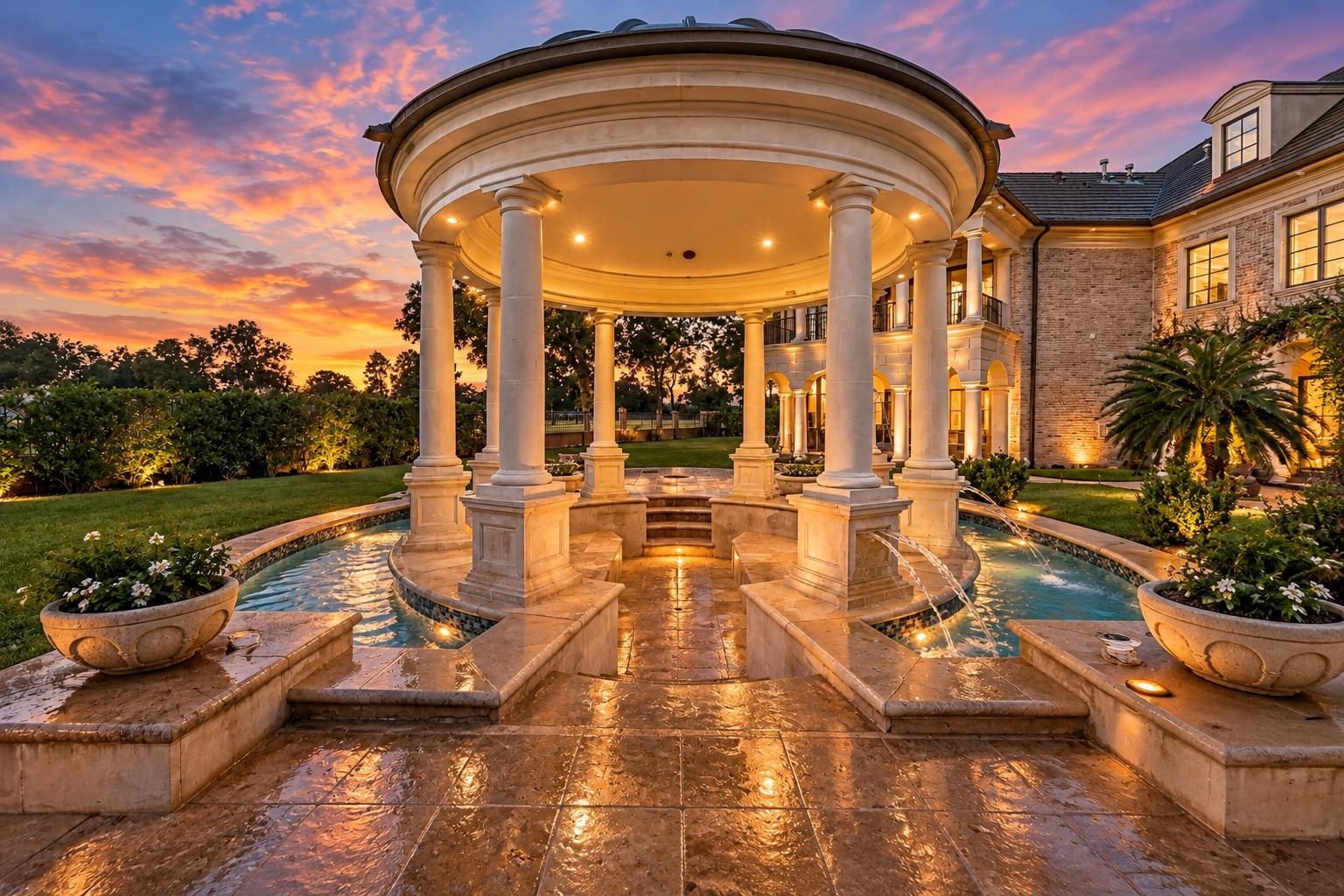 A magnificent columned pavilion overlooks the landscaped grounds and poolside environment, providing a distinguished architectural focal point and an elegant destination for enjoying the estate's private outdoor setting.