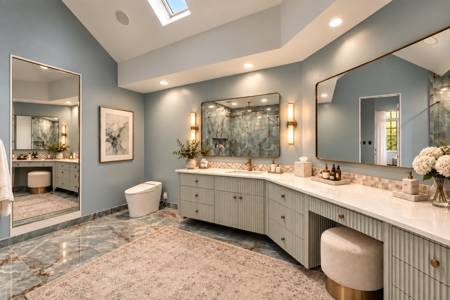 A spacious secondary bathroom features expansive vanity surfaces, beautifully coordinated finishes, and natural light, providing a practical yet refined space for daily routines.