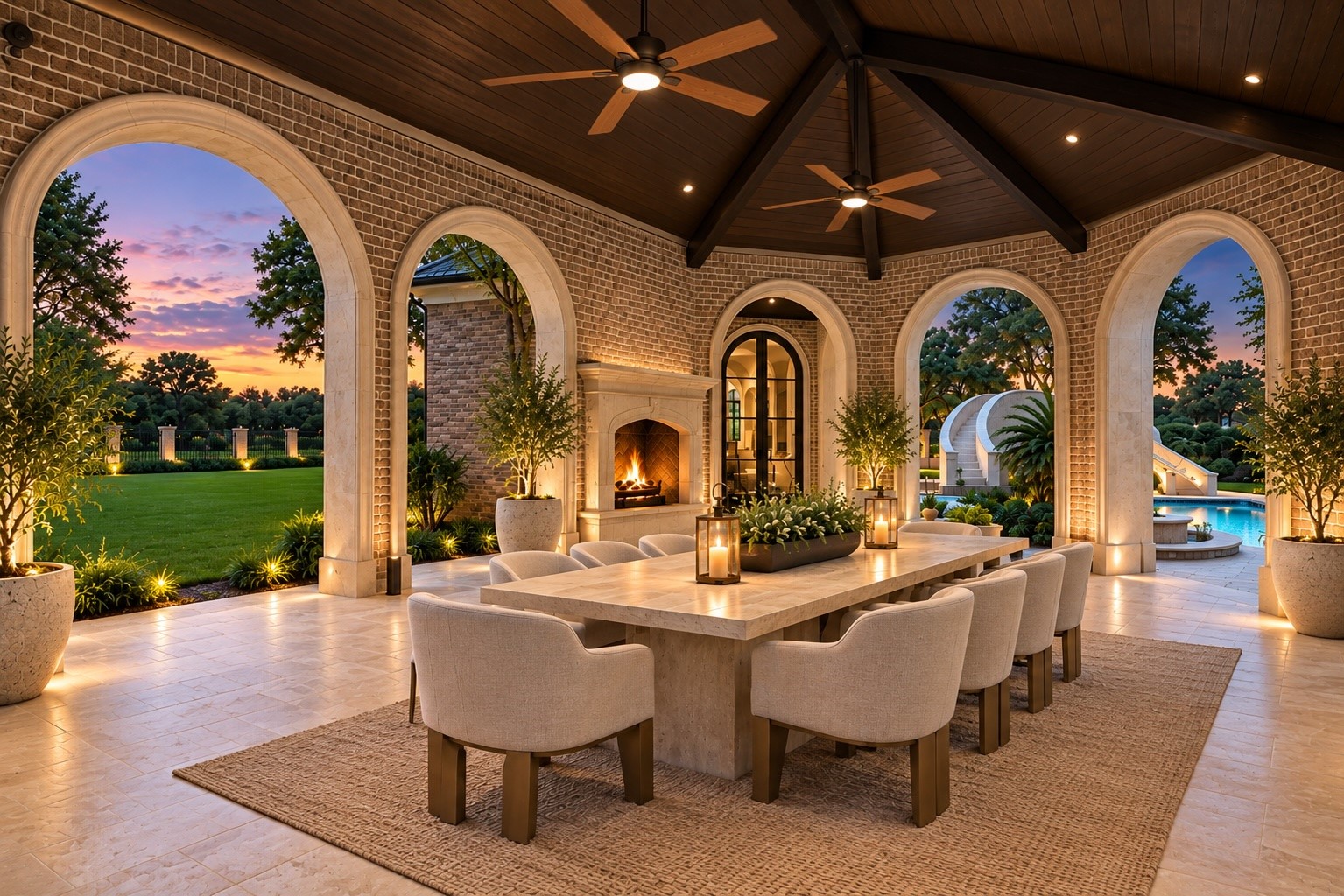 Graceful stone arches, warm architectural lighting, and a beautifully appointed outdoor dining area create an exceptional setting for elegant open-air entertaining overlooking the estate grounds.