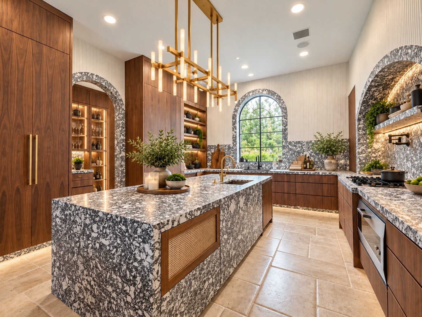 The spacious kitchen is designed for sophisticated entertaining and everyday functionality, showcasing richly finished cabinetry, an expansive center island, professional-style appliances, and elegant architectural details.