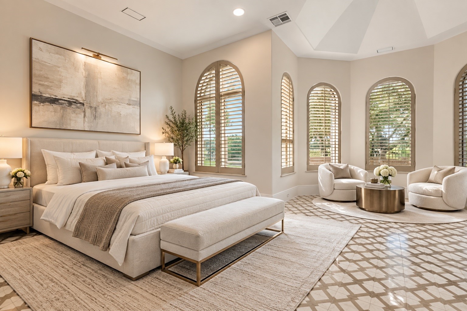 This beautifully appointed Casita bedroom offers soft neutral finishes, graceful architectural windows, and comfortable proportions, creating an inviting retreat for family members or overnight guests.