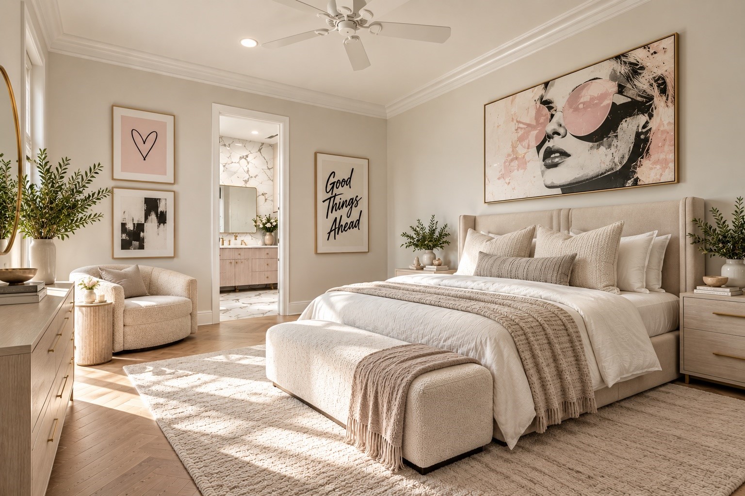 A light-filled bedroom features graceful proportions, sophisticated interior finishes, and an inviting atmosphere, providing another comfortable retreat within this expansive residence.