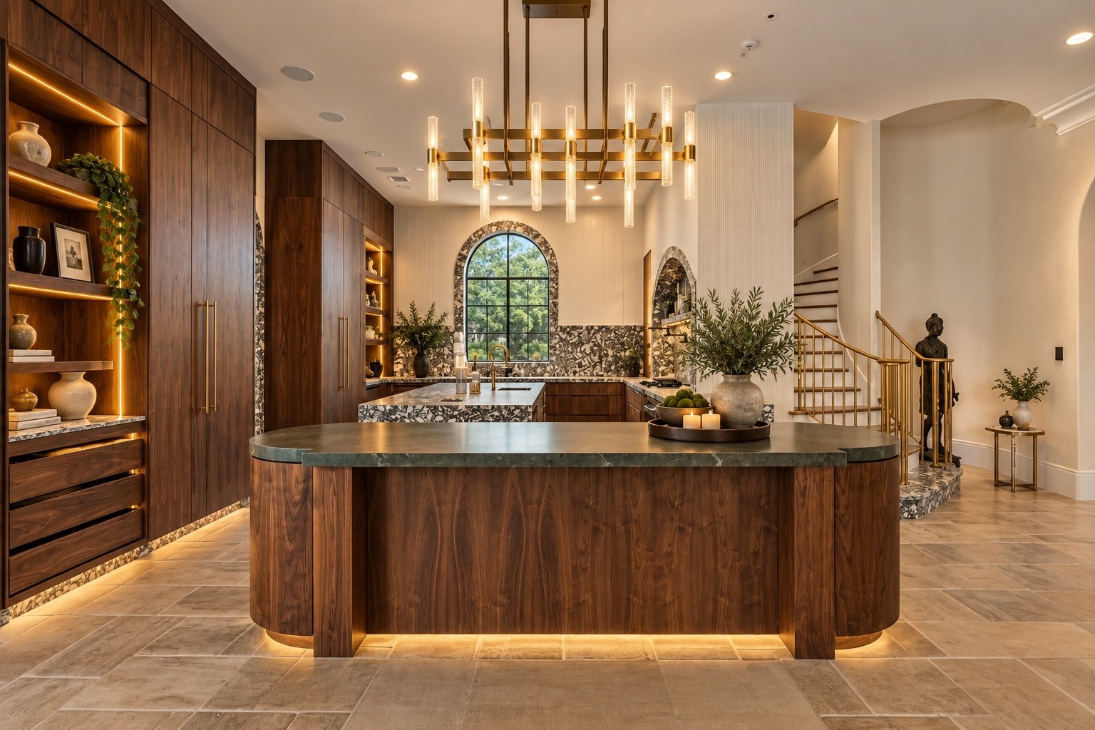 Warm cabinetry, generous preparation surfaces, display shelving, and a substantial center island create an inviting culinary and gathering space that complements the estate's formal entertaining areas.