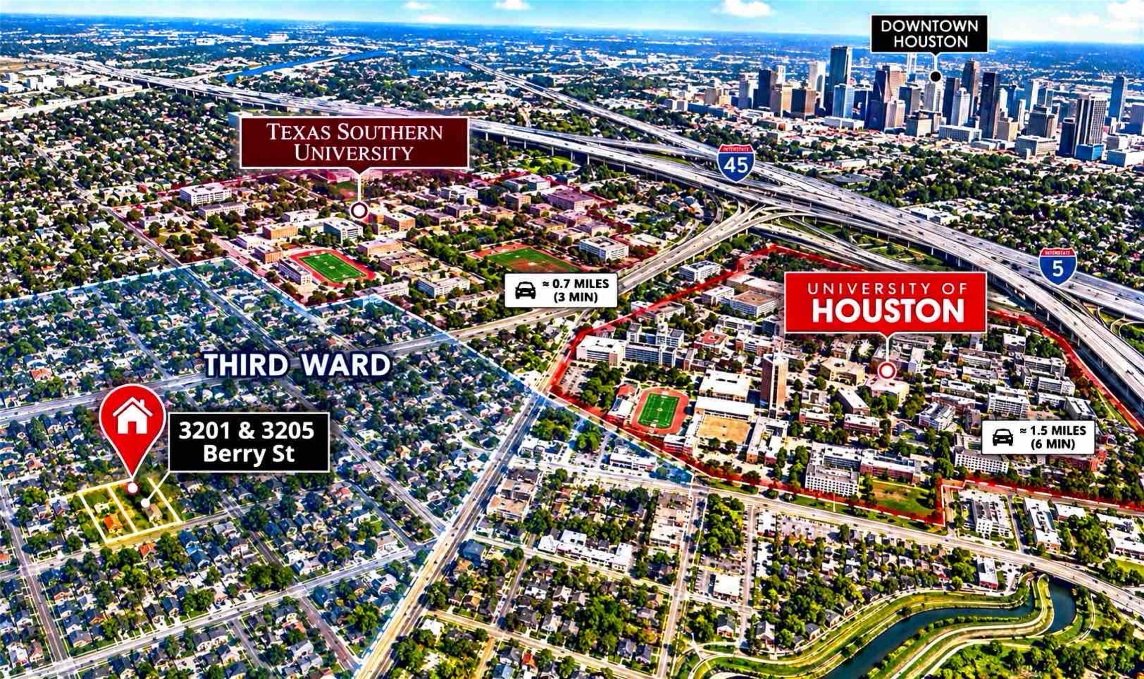 Prime Third Ward location near Texas Southern University and University of Houston, just minutes from downtown Houston, offering vibrant urban living.