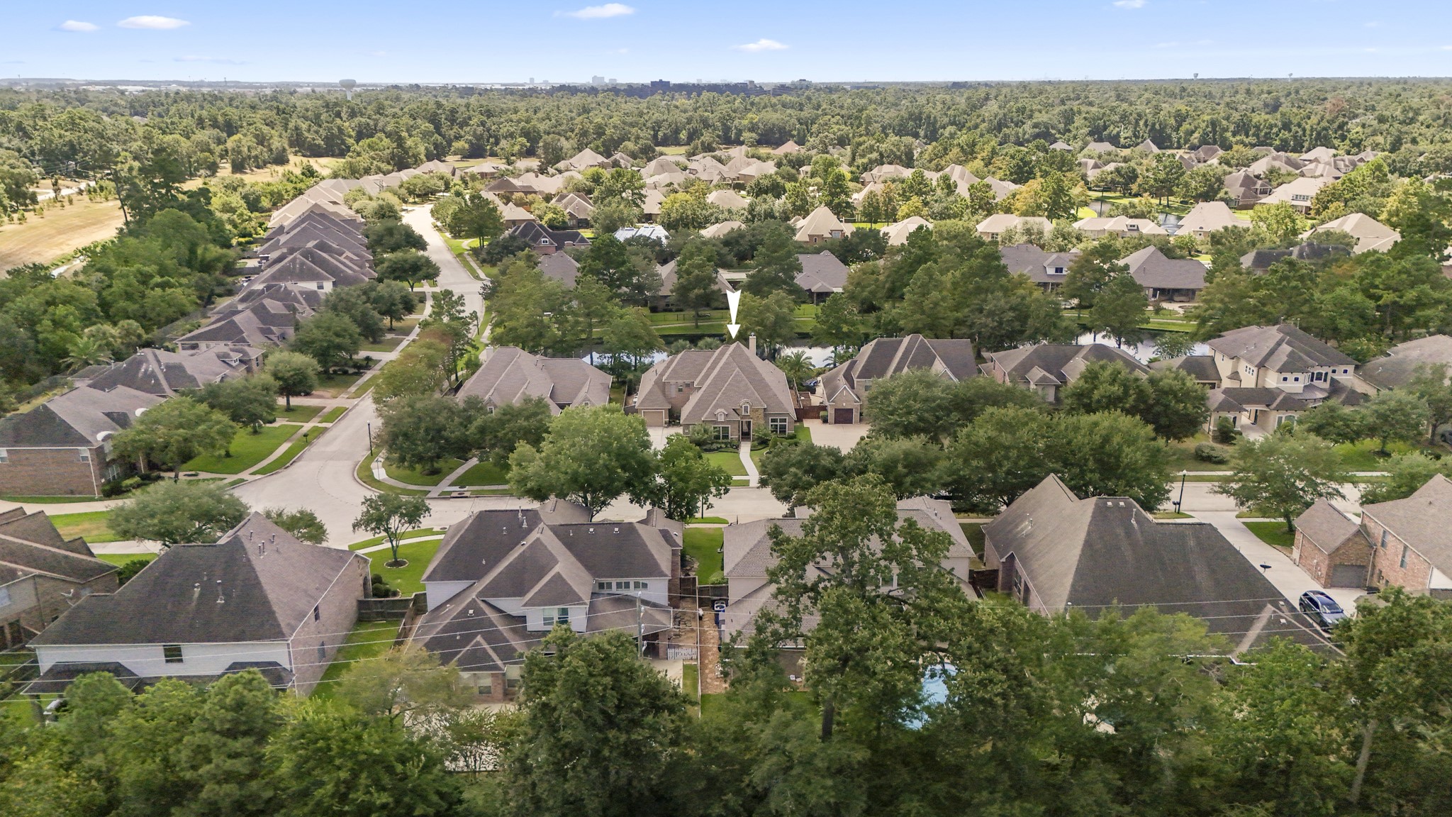 Wide neighborhood views show how Lakes of Cypress Forest is shaped around water, greenery, and a gated community setting that feels tucked into the trees. With lakes, paths, and established homes throughout the neighborhood, this perspective helps buyers connect the homes water-front backyard and poolside lifestyle to the larger community around it.