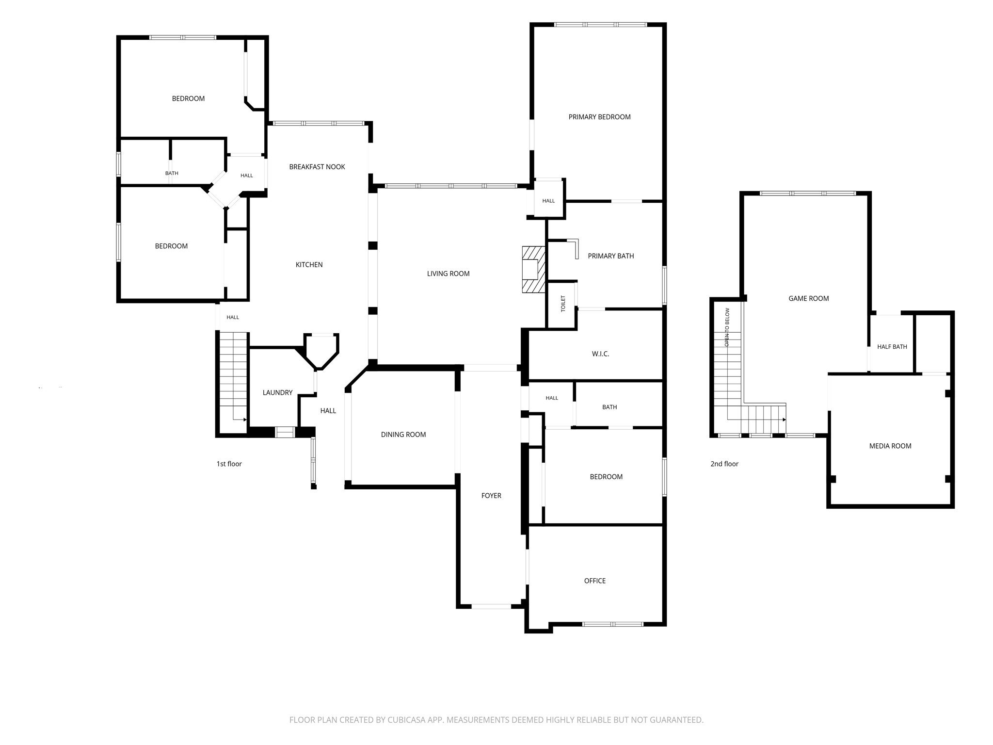 This floor plan brings the layout into focus, with the study and formal dining near the front, the kitchen, breakfast nook, and living room connected at the center, and all 4 bedrooms downstairs. Upstairs adds a game room, media room, and half bath, while the main living spaces stay connected to the poolside, water-front backyard.