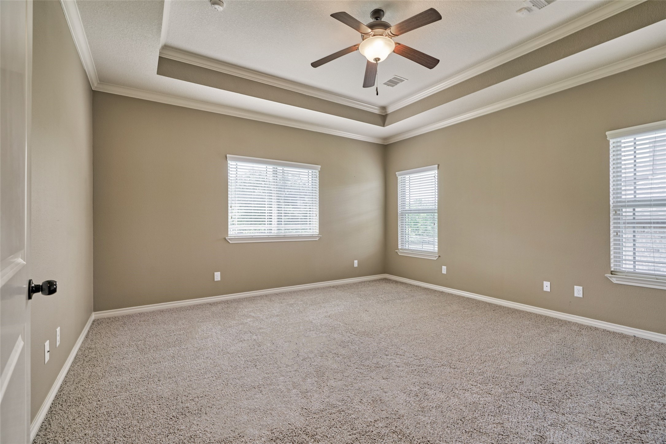 Large private primary retreat with trey ceiling.
