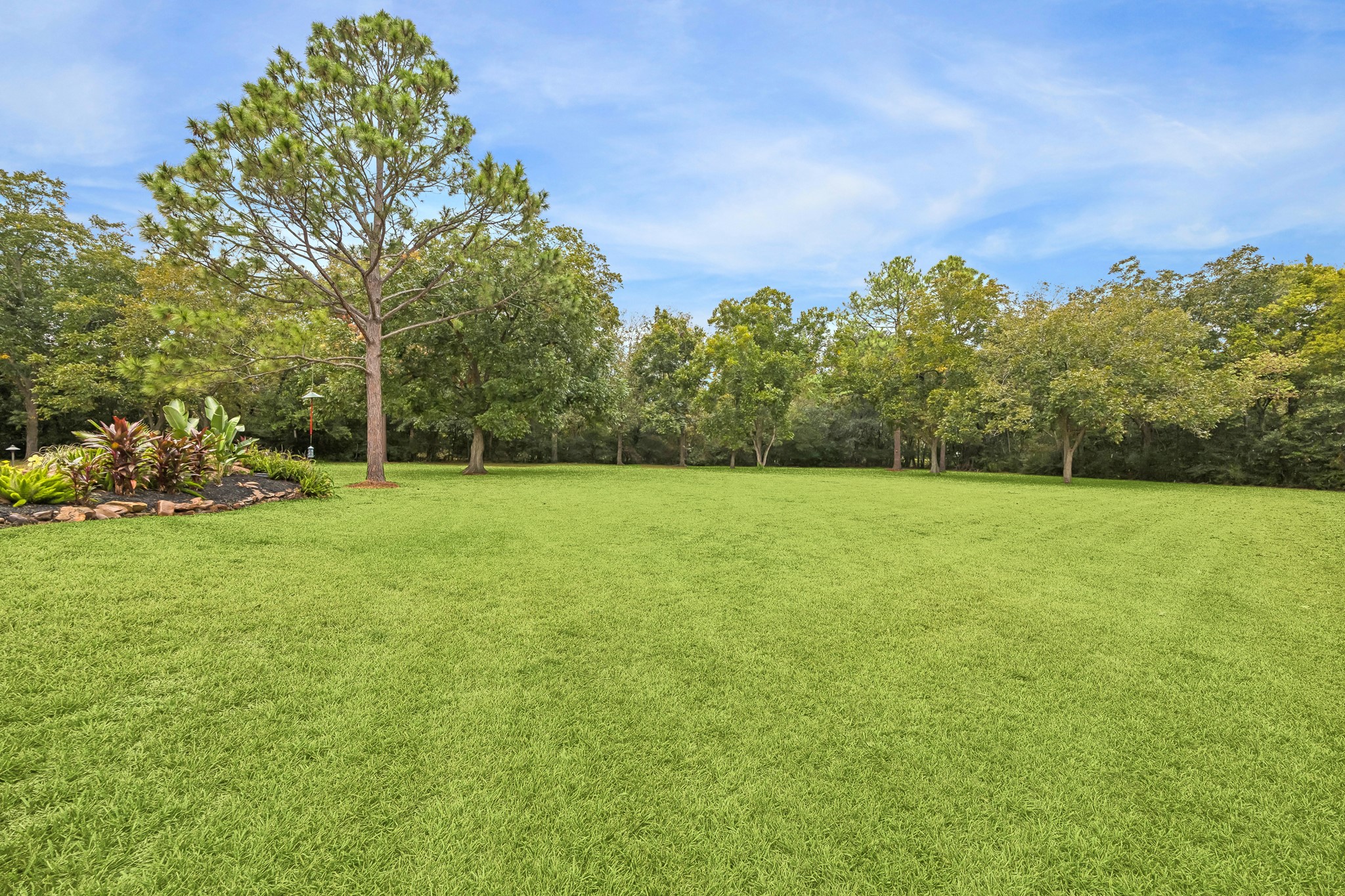 Expansive, lush green lawn surrounded by mature trees, offering privacy and a serene natural setting.