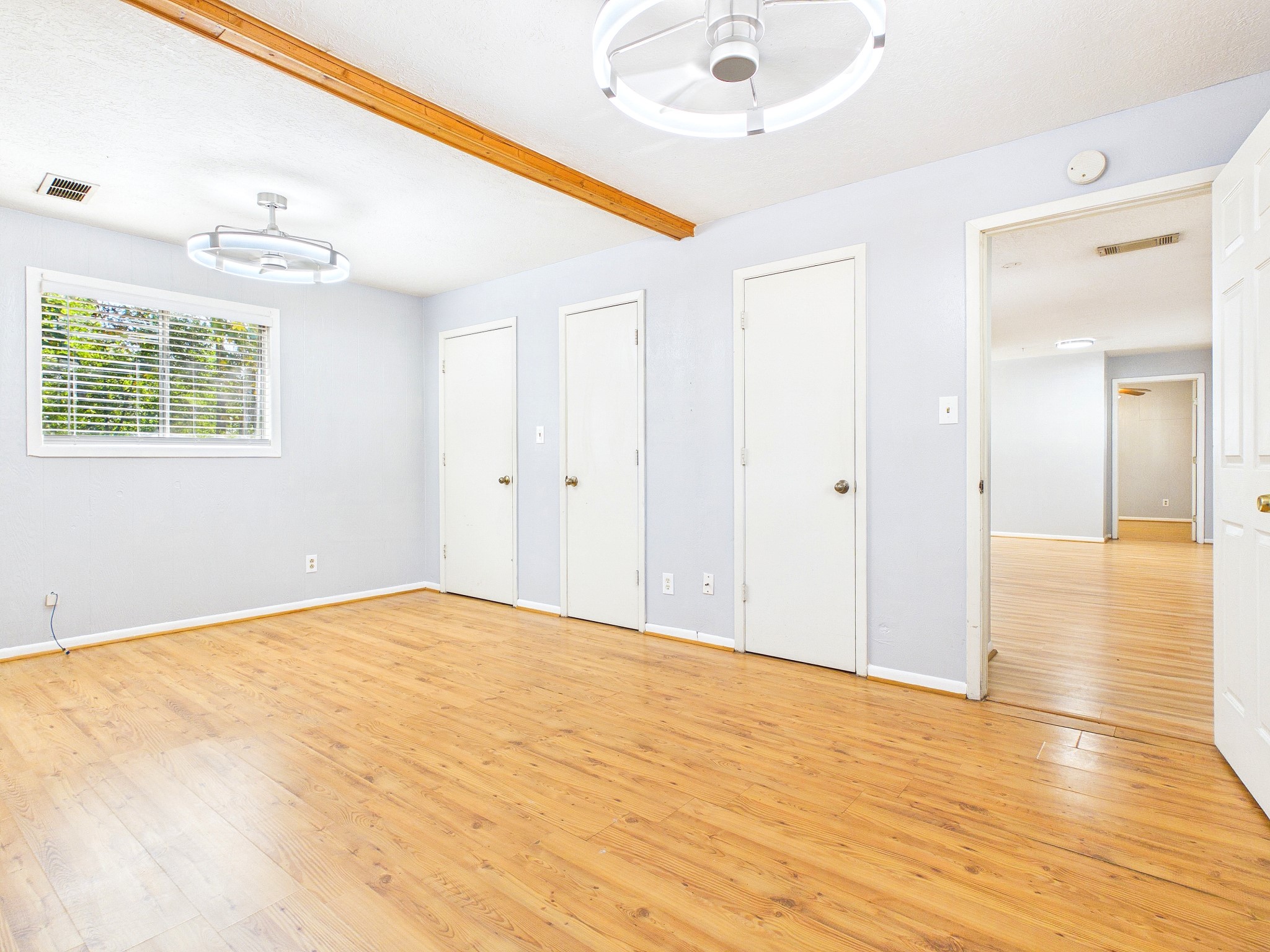 Spacious room with warm wood-look flooring, modern lighting, and ample natural light from a large window, offering versatile storage with multiple doors.