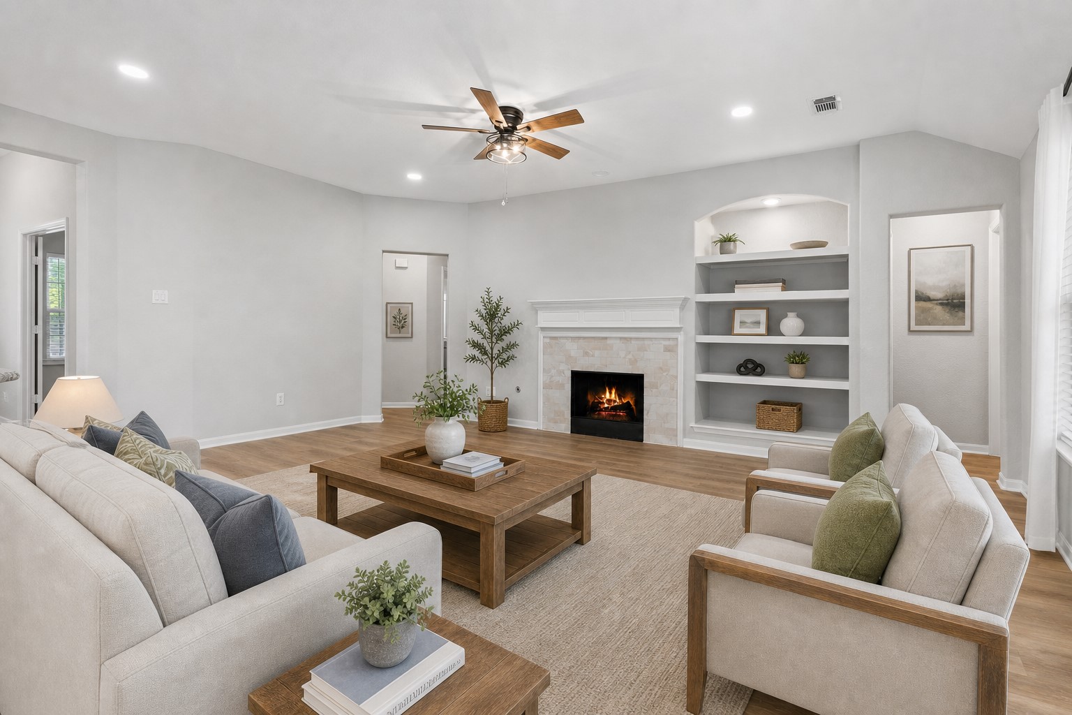 What a home!  Like a new home that you could lease out today!  Beautiful Fireplace with Gas Logs, Custom Built in Entertainment Center and more! The hallway to the right will lead you to the Tucked away Private Primary Suite Bedroom! *Virtually Staged*