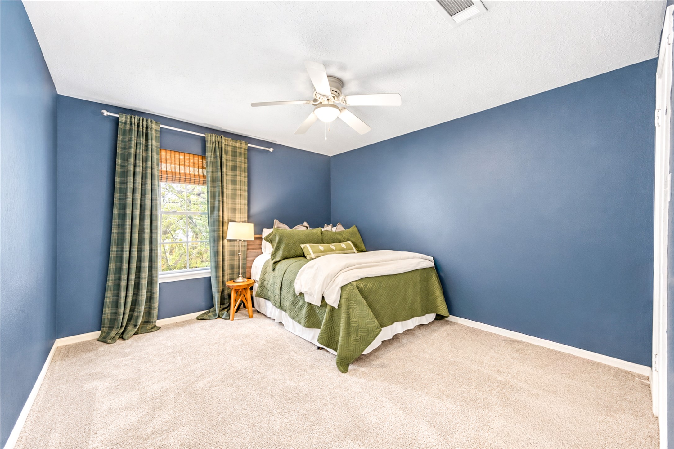 A peaceful retreat with room to make it your own! This inviting third bedroom features rich blue walls, soft carpeting, a ceiling fan and natural light that creates a relaxing atmosphere. Whether used as a welcoming guest room, creative space or personal sanctuary, this versatile bedroom offers comfort, charm and endless possibilities to suit your lifestyle!