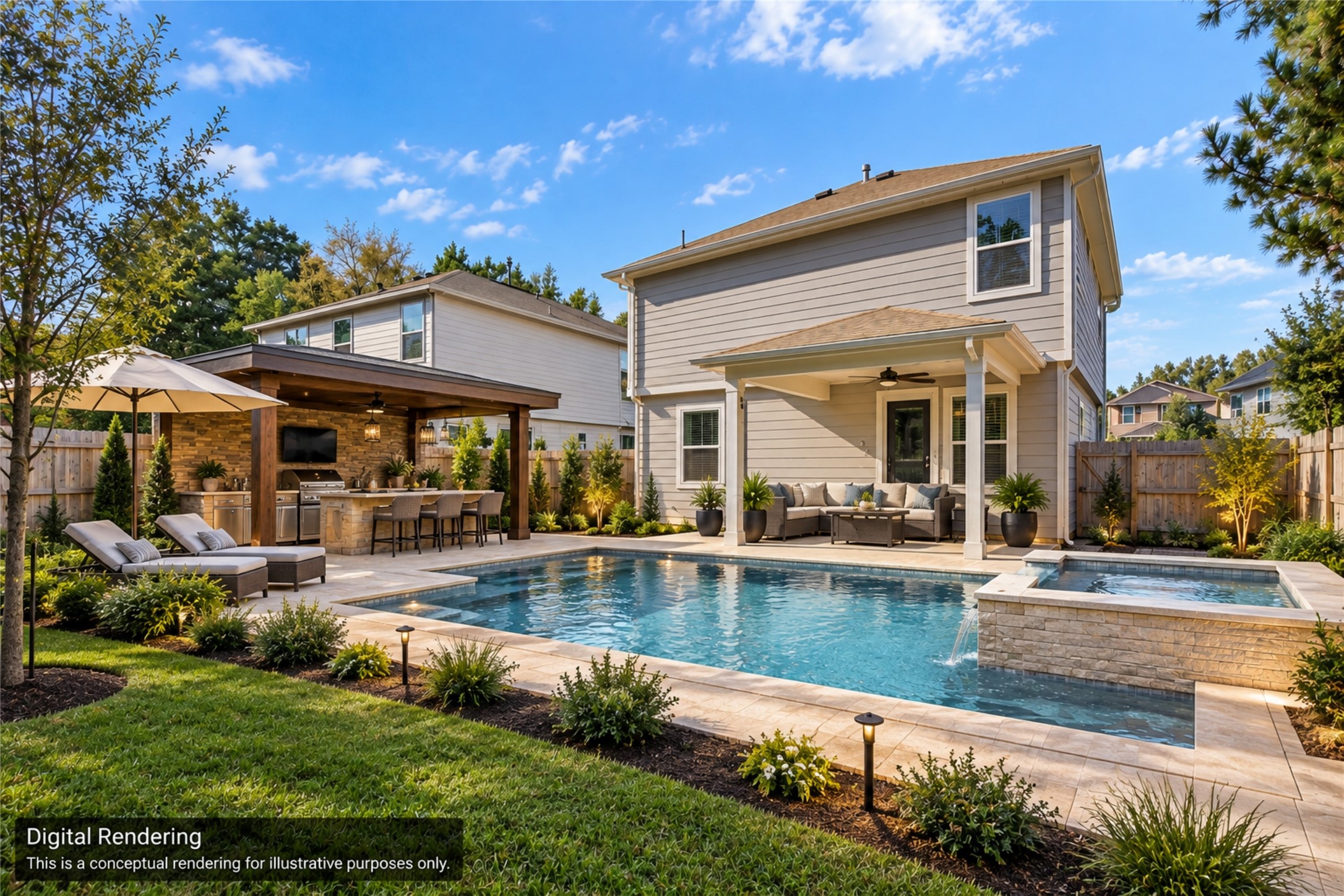Digital Rendering*** Imagine your own backyard oasis with a custom pool, relaxing hot tub, covered outdoor kitchen, and plenty of space to entertain!