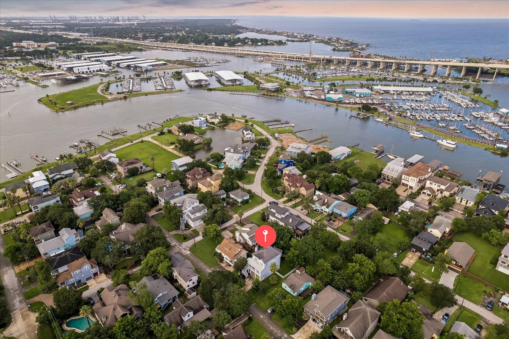 Aerial view showcasing the homes proximity to Clear Lake, Kemah Channel and Galveston Bay