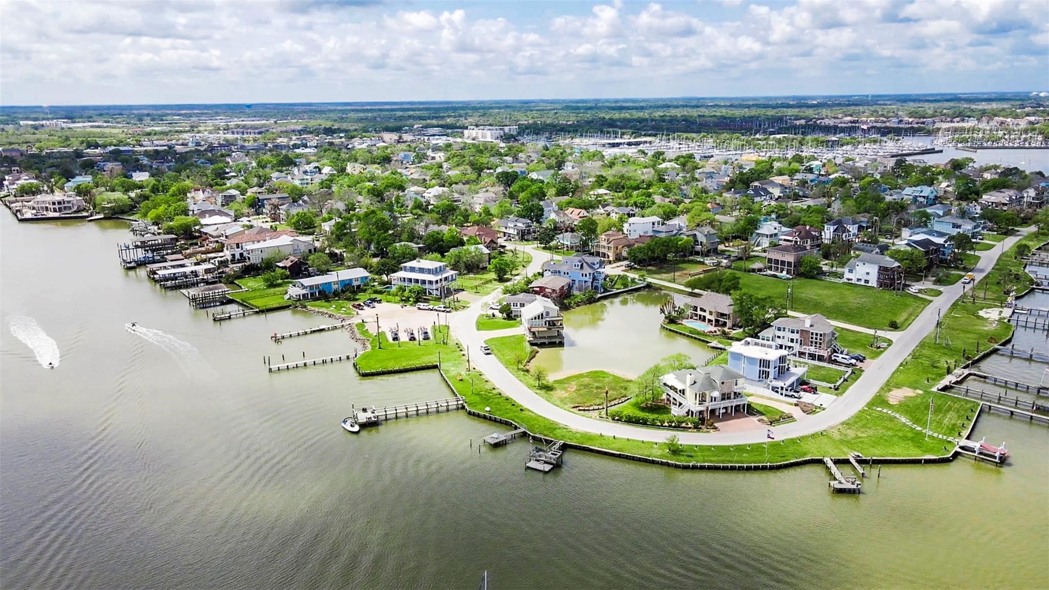 Aerial view of Clear Lake Shores with waterfront leases available to build a dock or store your boat