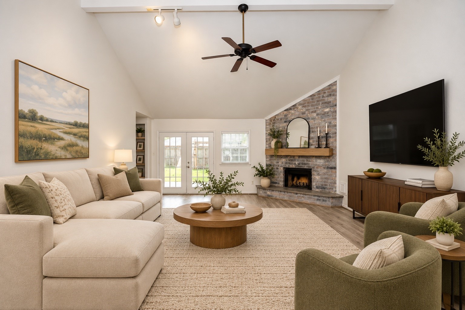 High ceilings and a corner fireplace. (Virtually staged)