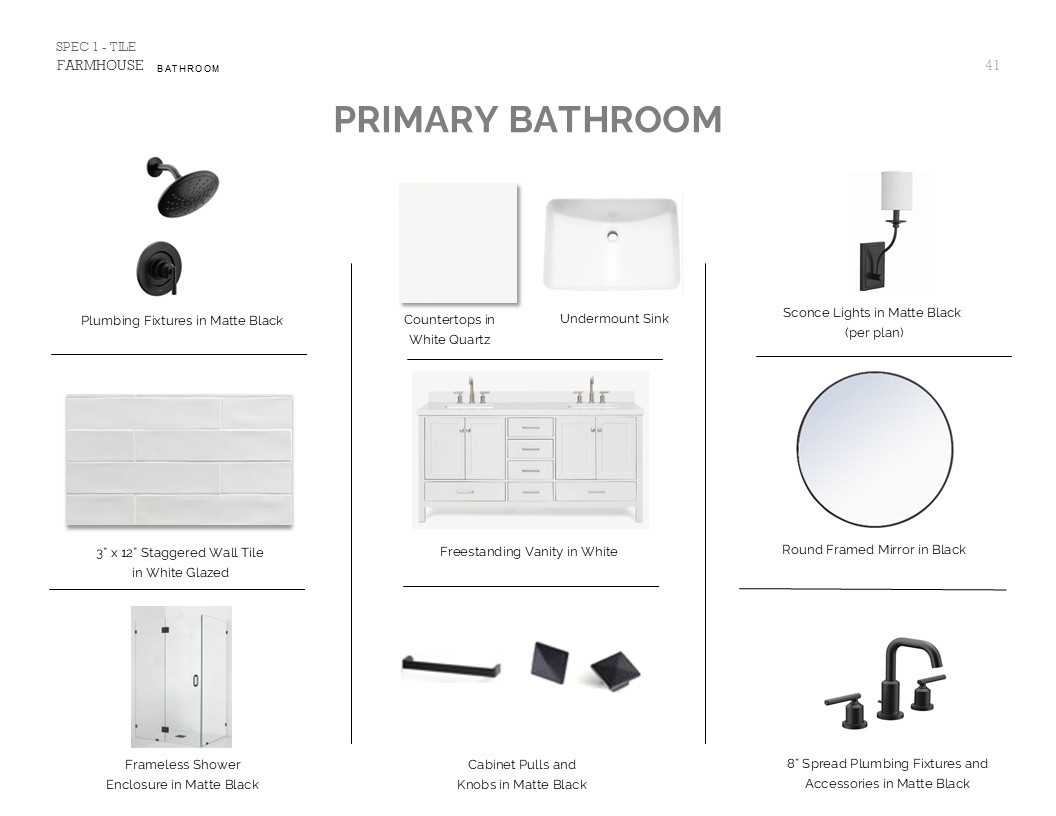 Farmhouse Look Palette 6: Primary Bathroom Selection Sheet (*Artist rendering used for illustration purposes only.)