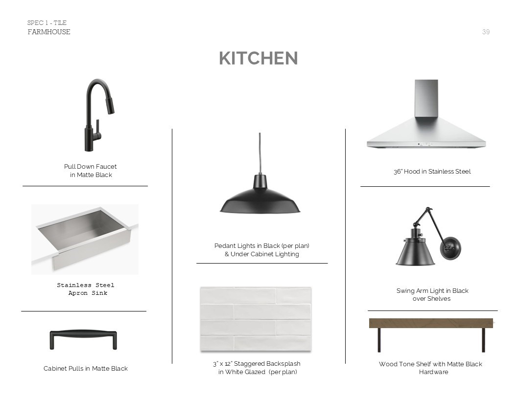 Farmhouse Look Palette 6: Kitchen Selection Sheet (*Artist rendering used for illustration purposes only.)