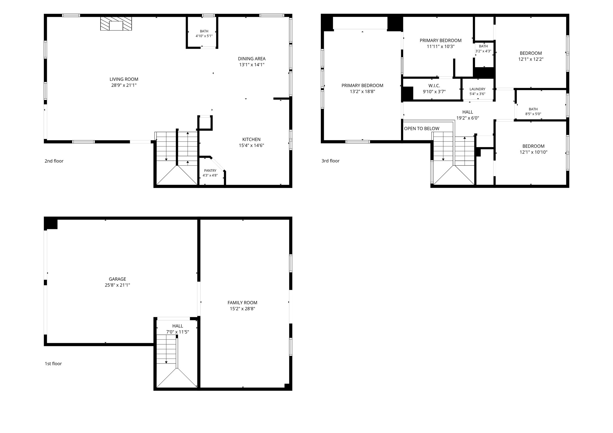 Spacious multi-level home featuring a large living room, dining area, and kitchen on the second floor. The third floor boasts a primary bedroom with a walk-in closet, two additional bedrooms, and convenient laundry space. The first floor includes a generous garage and a family room.