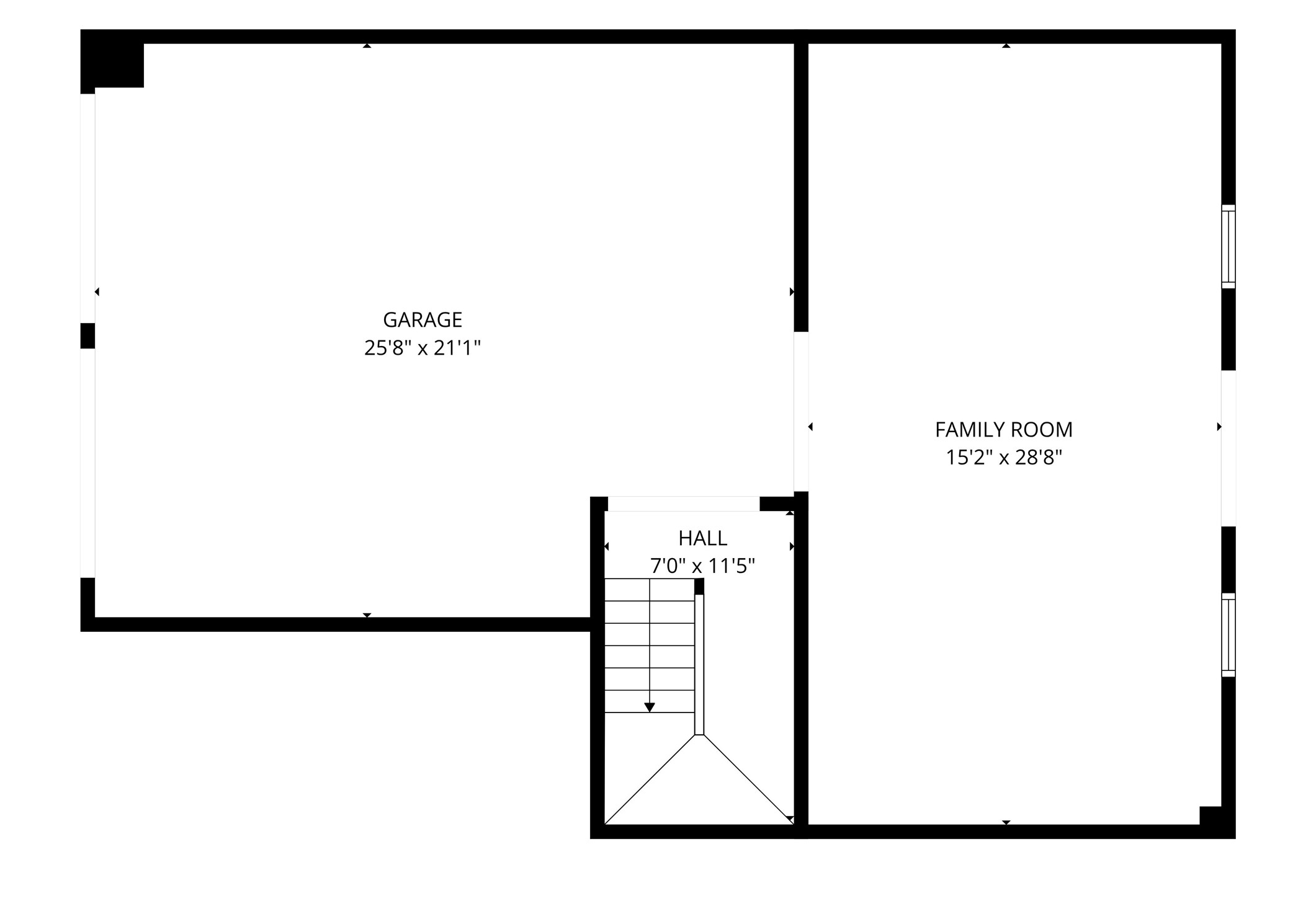 Spacious floor plan featuring a large garage and an expansive family room, connected by a convenient hall with staircase access.