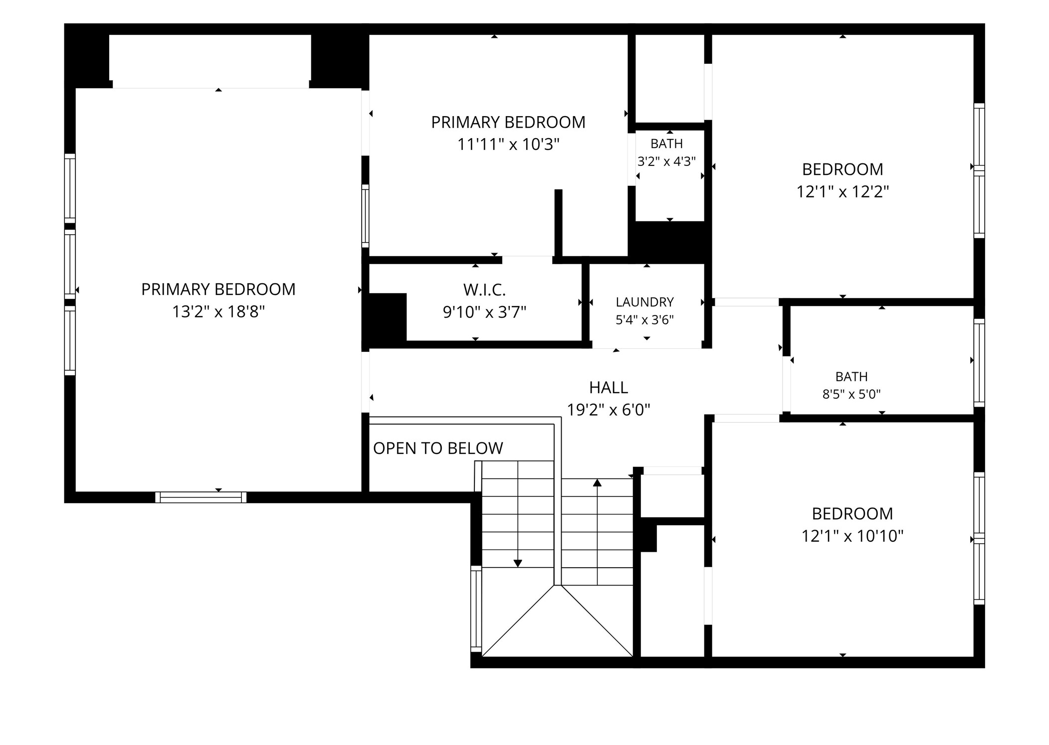 Spacious upper-level floor plan featuring a large primary bedroom with a walk-in closet, two additional bedrooms, two bathrooms, and a convenient laundry area.