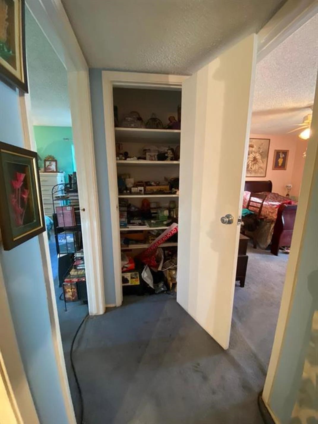 This photo shows a hallway with blue carpet leading to a bedroom and a small storage closet. The hallway features two open doors, with framed art on the walls, providing a cozy transition between spaces.